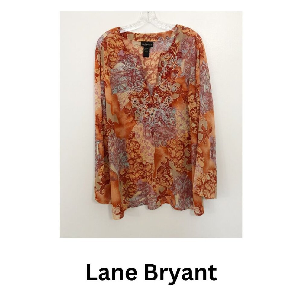 Lane Bryant Rhinestone Sheer Tunic Top Size 22/24 Orange Multicolor 3/4 Sleeve